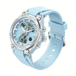 Alcom Distribution 5ATM waterproof women's watch with light blue silicone strap and digital analog display