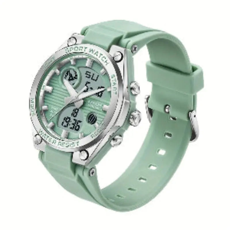 Alcom Distribution 5ATM waterproof women's watch with mint green silicone strap and digital analog display