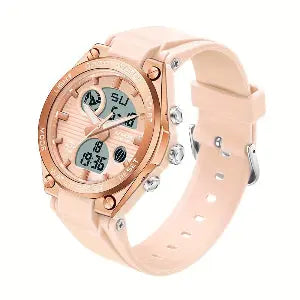 Alcom Distribution 5ATM waterproof women's watch with rose gold bezel and light pink silicone strap