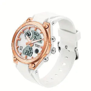 Alcom Distribution 5ATM waterproof women's watch with white strap and rose gold bezel