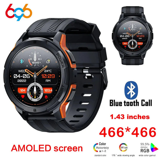 Bluetooth Call Fitness Watch with 1.43 inch AMOLED screen and black sporty design by Alcom Distribution