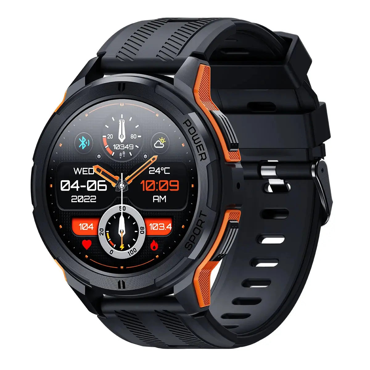 Alcom Distribution Bluetooth Call Fitness Watch with black and orange design and multiple health tracking features