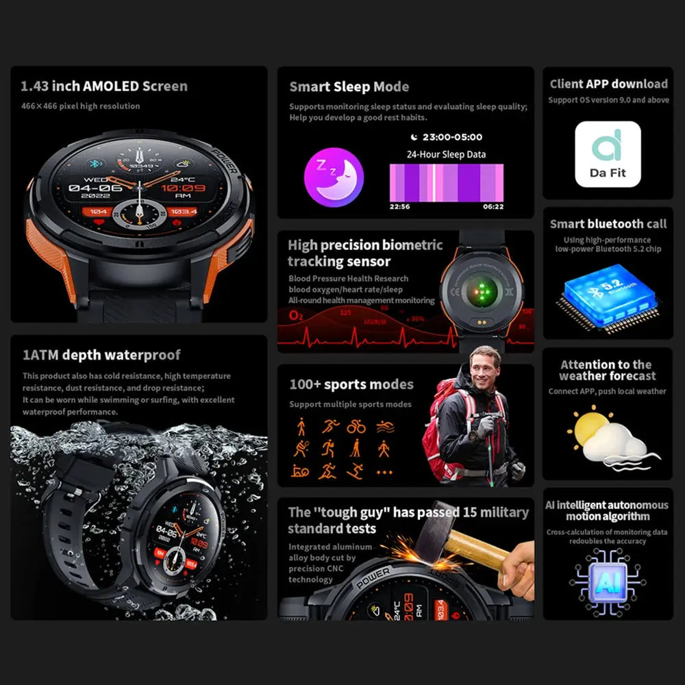 Alcom Distribution Bluetooth Call Fitness Watch with 1.43 inch AMOLED screen and biometric tracking