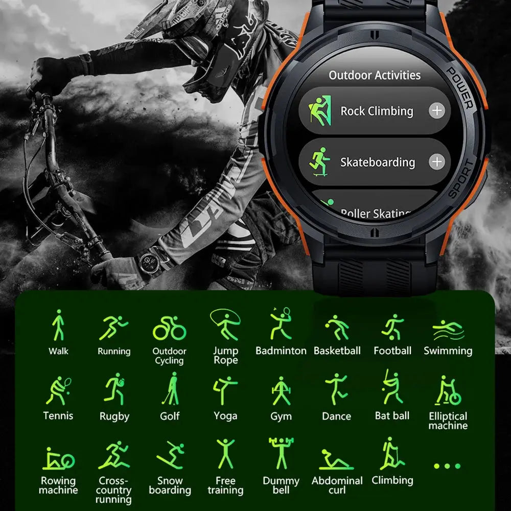 Alcom Distribution Bluetooth Call Fitness Watch displaying outdoor activity tracking with sport mode and fitness icons