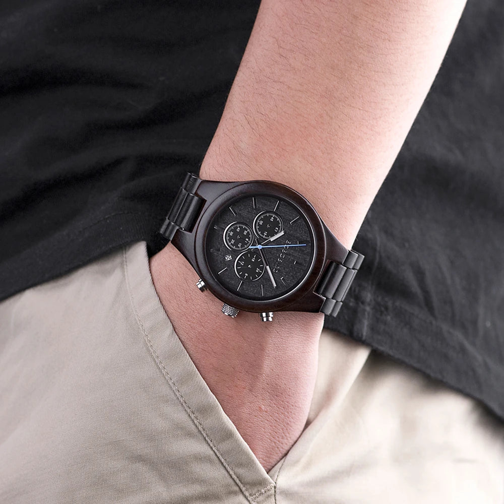 BOBO BIRD Mens Watch 3 Sub Dials Wooden Wrist Watch for Men