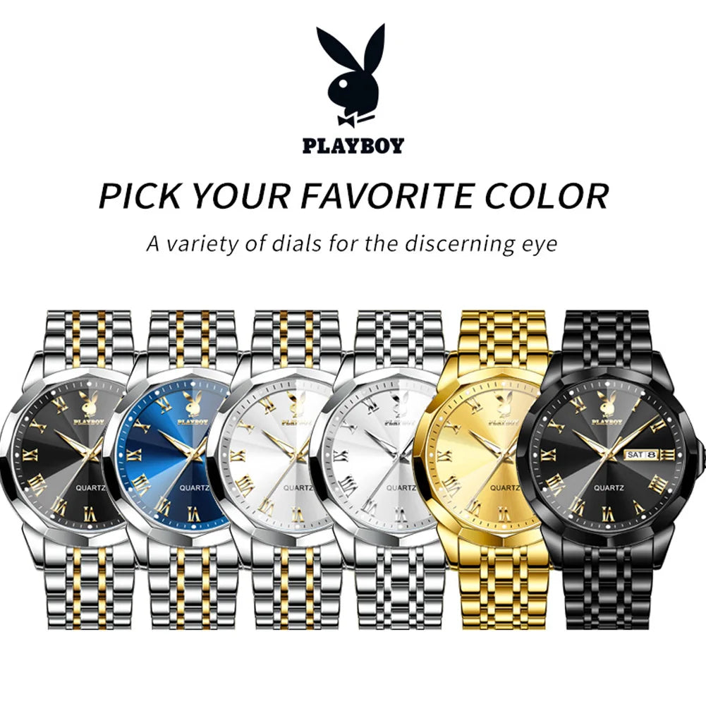 PLAYBOY Luxury Fashion Men's Quartz Watches Original Stainless Steel Waterproof Watches for Men Best Selling Men's Wrist Watches