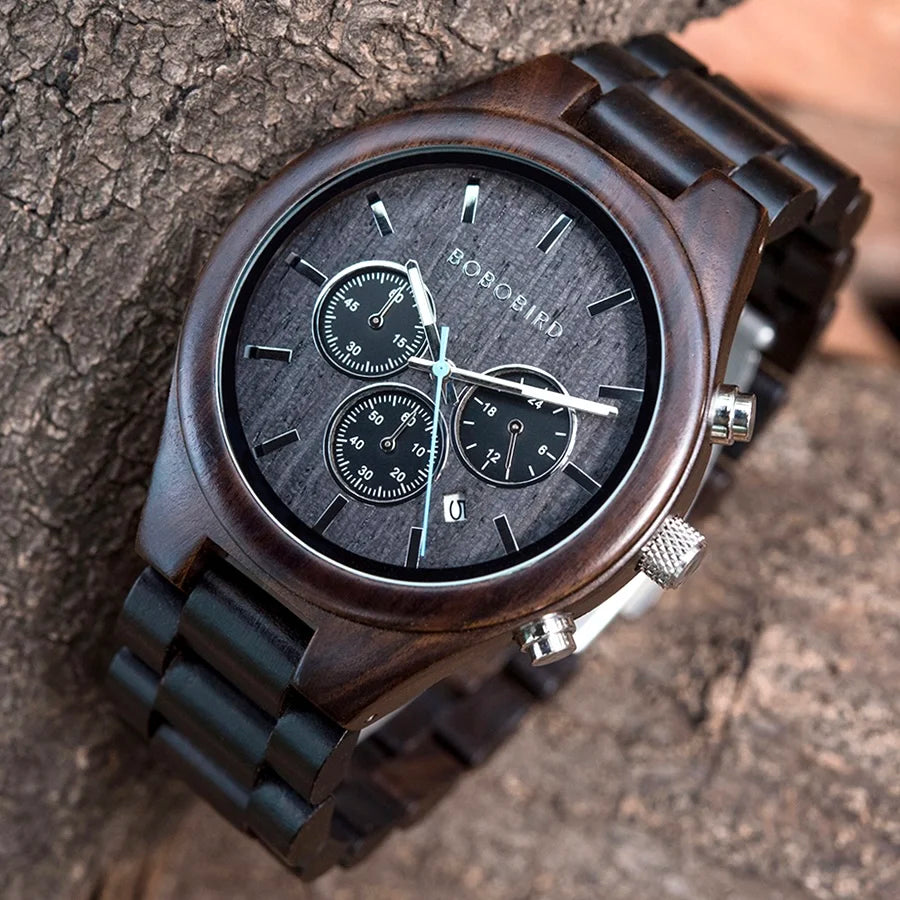 BOBO BIRD Mens Watch 3 Sub Dials Wooden Wrist Watch for Men