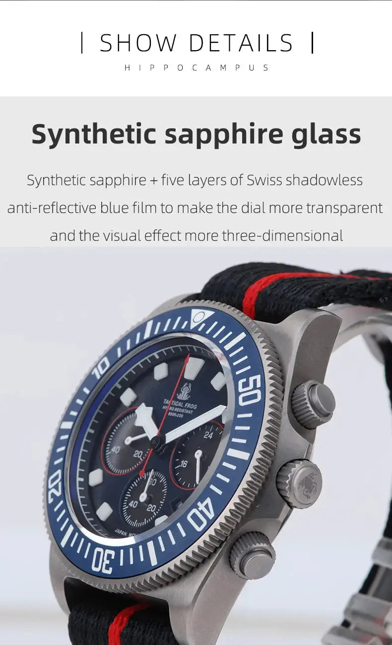 Titanium diving watch with synthetic sapphire glass and Swiss shadowless anti-reflective blue film