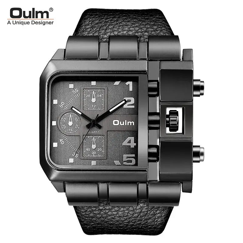 Oulm Rectangle Men’s Watch – Bold Design, Black Strap