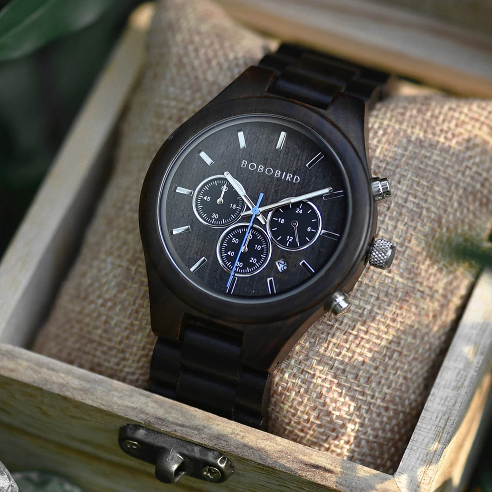 BOBO BIRD Mens Watch 3 Sub Dials Wooden Wrist Watch for Men