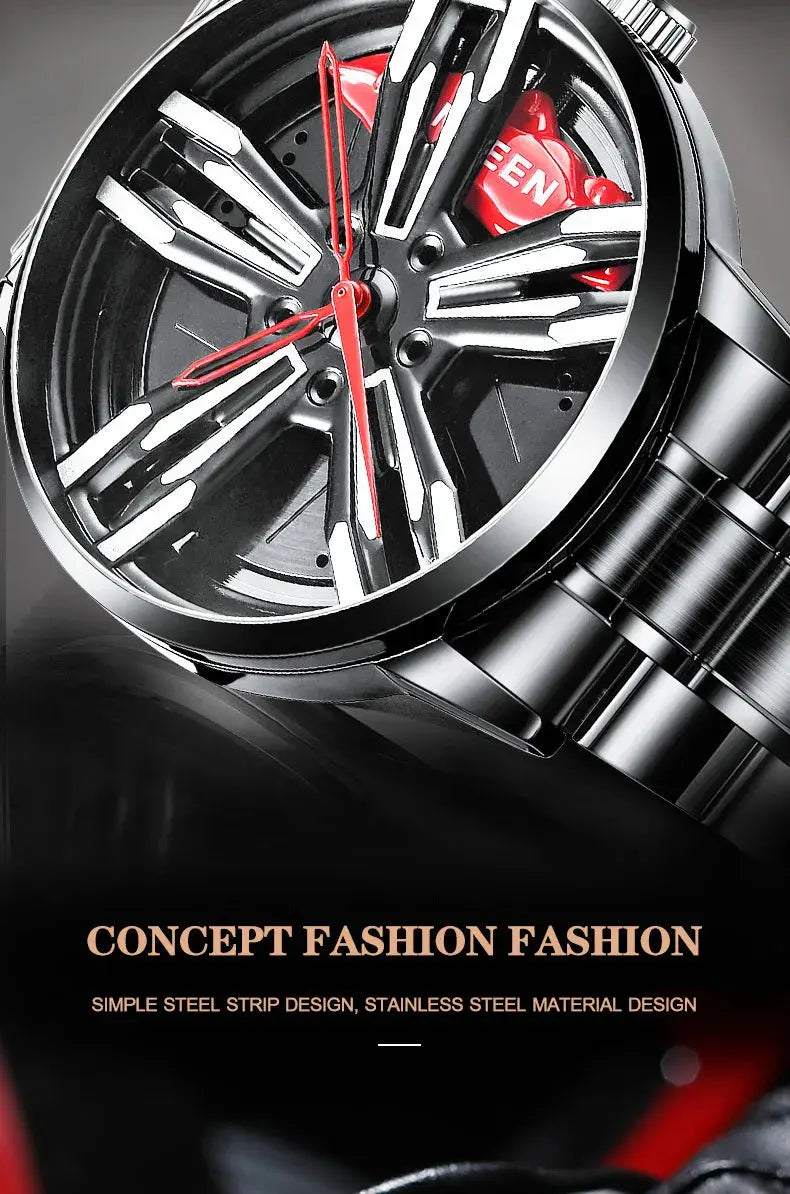 Men’s Racing Watch – Supercar Rim Design, Stainless Steel, Waterproof Alcom Distribution