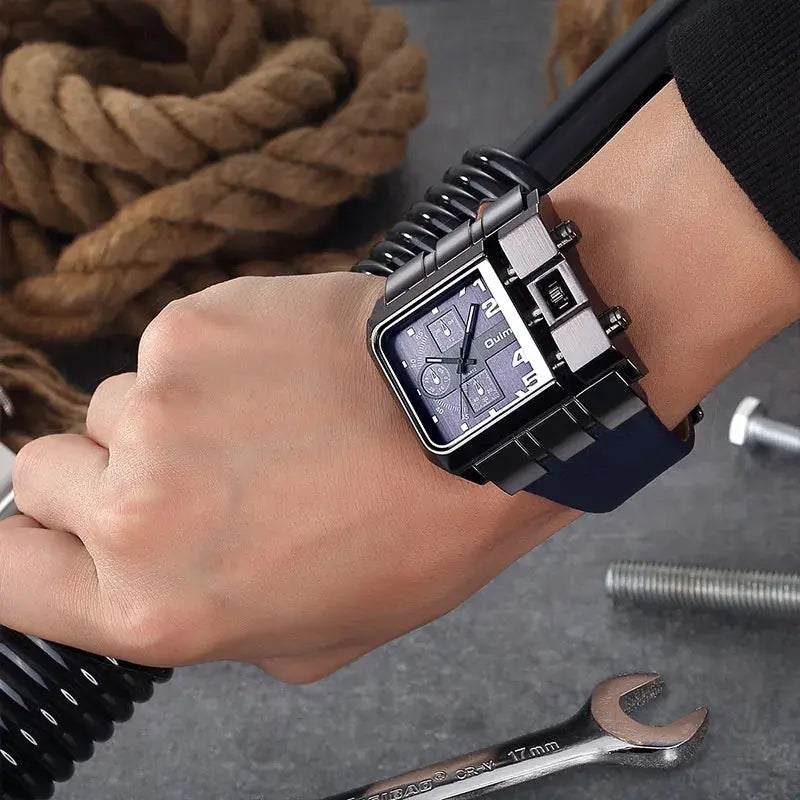 Oulm Rectangle Men’s Watch – Bold Design, Black Strap