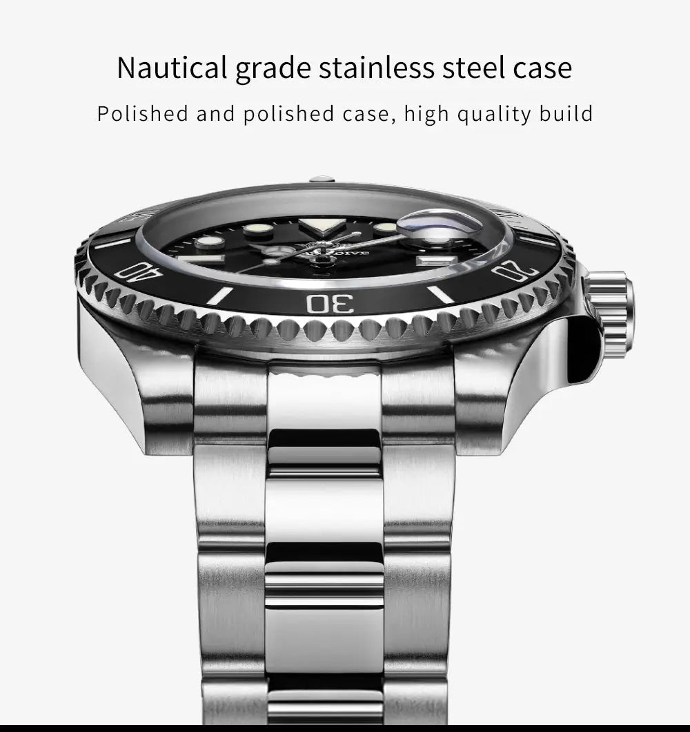 Addiesdive 20 bar waterproof men's watch with a nautical grade stainless steel case and polished finish