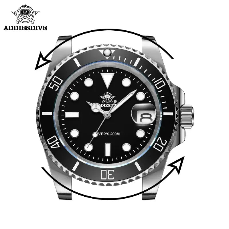 Addiesdive 20 bar waterproof men's watch with black dial and stainless steel case for divers