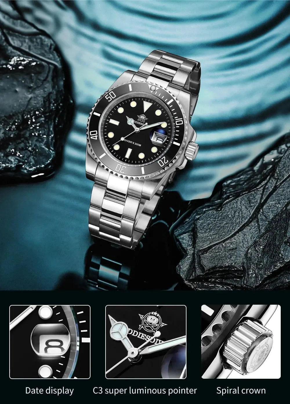 Addiesdive 20 bar waterproof men's watch with date display and C3 super luminous pointer
