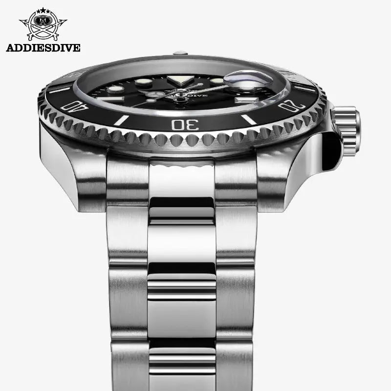 Side view of the ADDIESDIVE 20 bar waterproof men's watch showcasing its stainless steel design and bezel