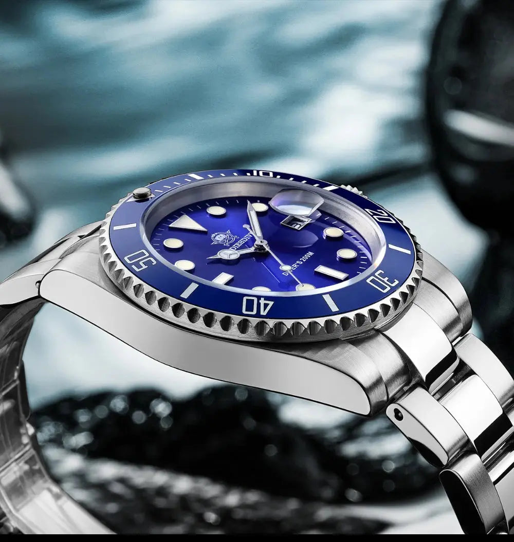 Addiesdive 20 bar waterproof men's watch featuring a blue dial and stainless steel band for durability