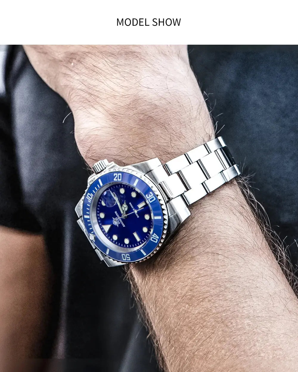 Addiesdive 20 bar waterproof men's watch with blue dial and stainless steel bracelet on wrist