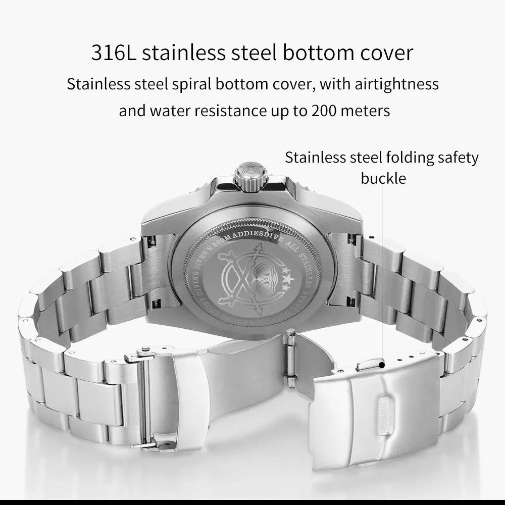 Back view of addiesdive 20 bar waterproof men's watch with stainless steel cover and folding safety clasp