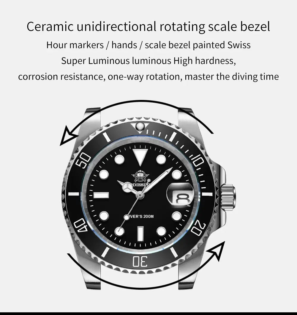 Addiesdive 20 bar waterproof men's watch with ceramic unidirectional rotating bezel and luminous features