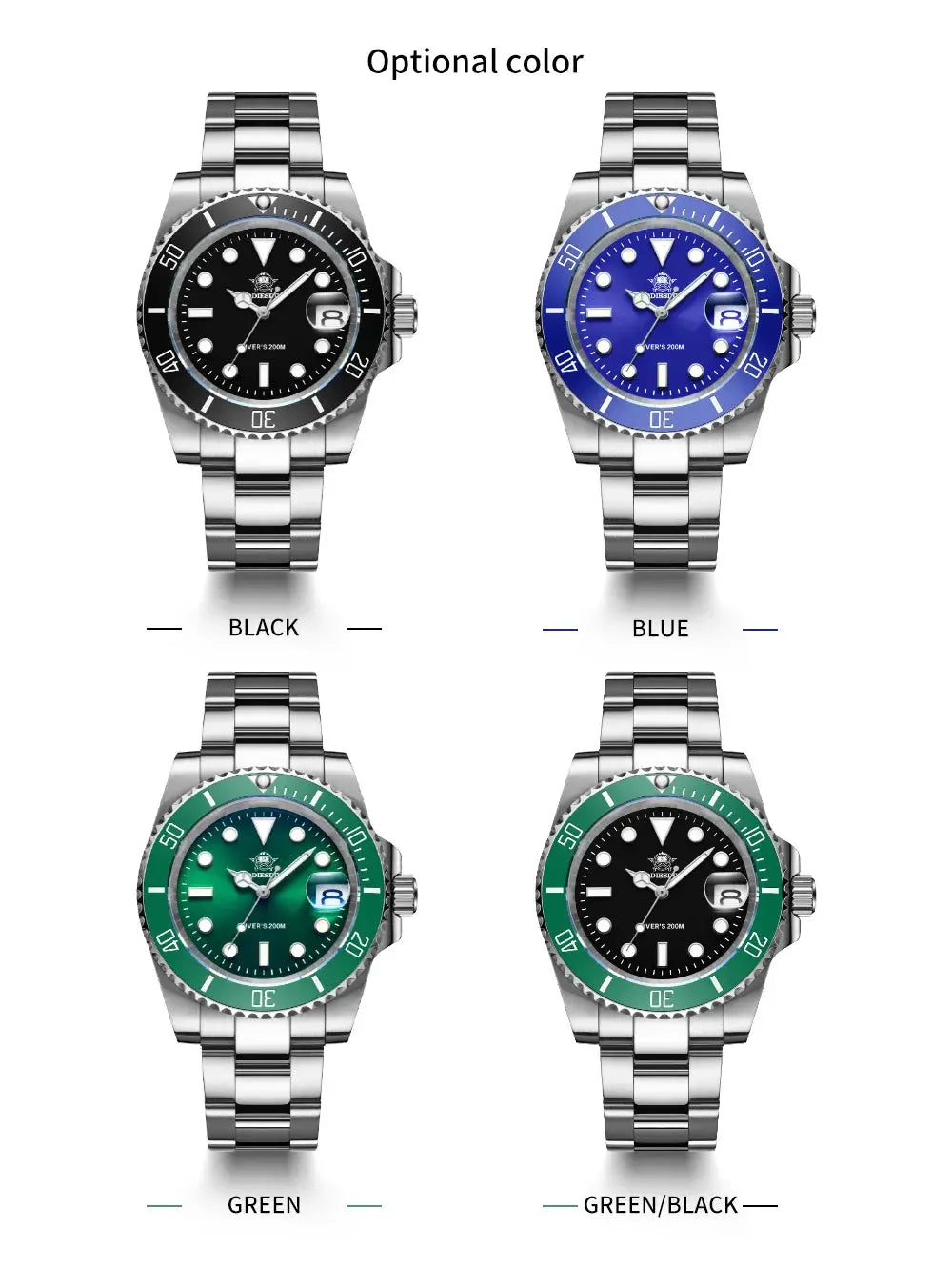Addiesdive 20 bar waterproof men's watch available in black, blue, green, and green/black options