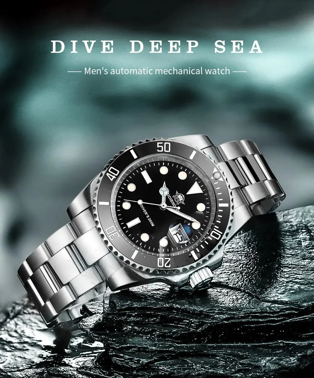 Addiesdive 20 bar waterproof men's watch with black dial and stainless steel bracelet.