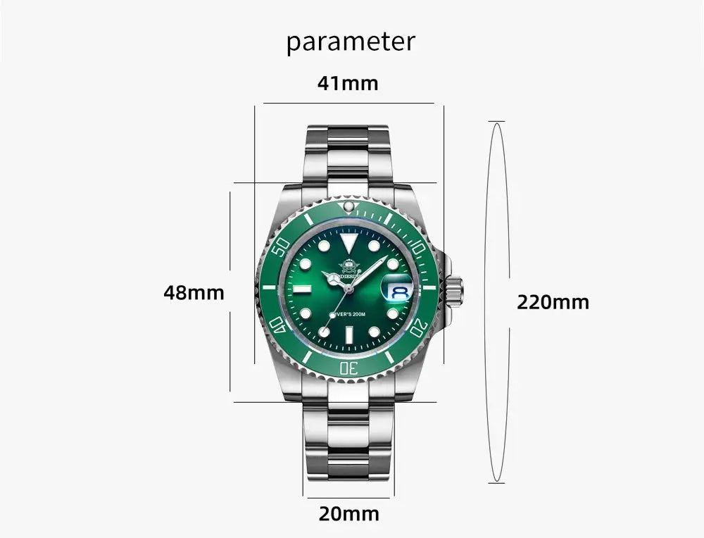Addiesdive 20 bar waterproof men's watch with green dial and stainless steel bracelet, featuring 41mm case size
