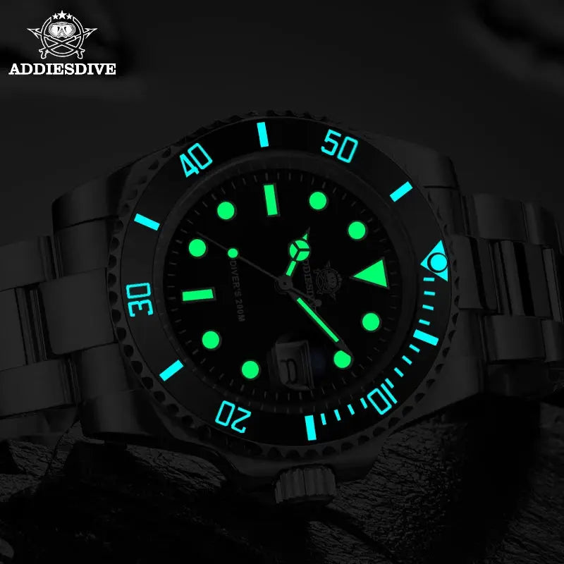 Addiesdive 20 bar waterproof men's watch with luminous markers and black stainless steel design