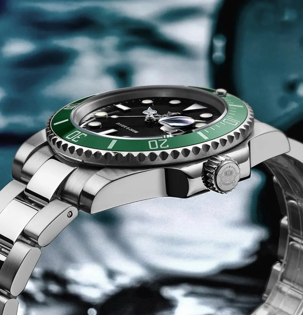 Addiesdive 20 bar waterproof men's watch with a green bezel and silver stainless steel bracelet
