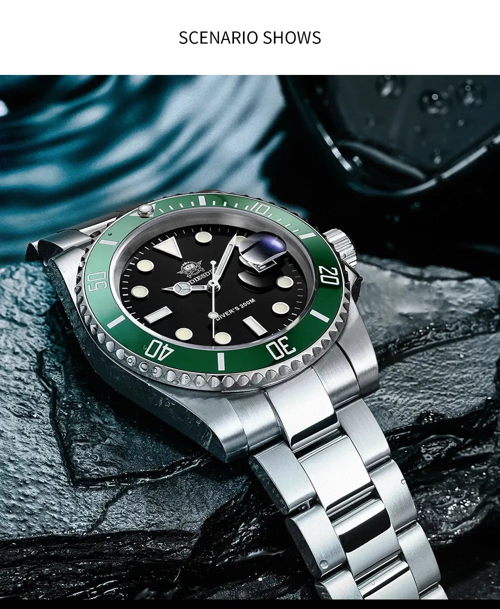 Addiesdive 20 bar waterproof men's watch with stainless steel band and black dial, perfect for diving adventures