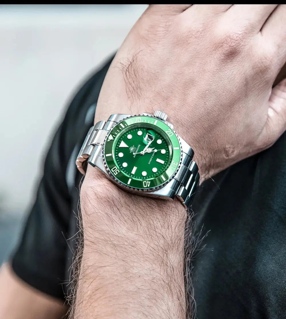 Addiesdive 20 bar waterproof men's watch featuring a green dial and stainless steel bracelet on wrist