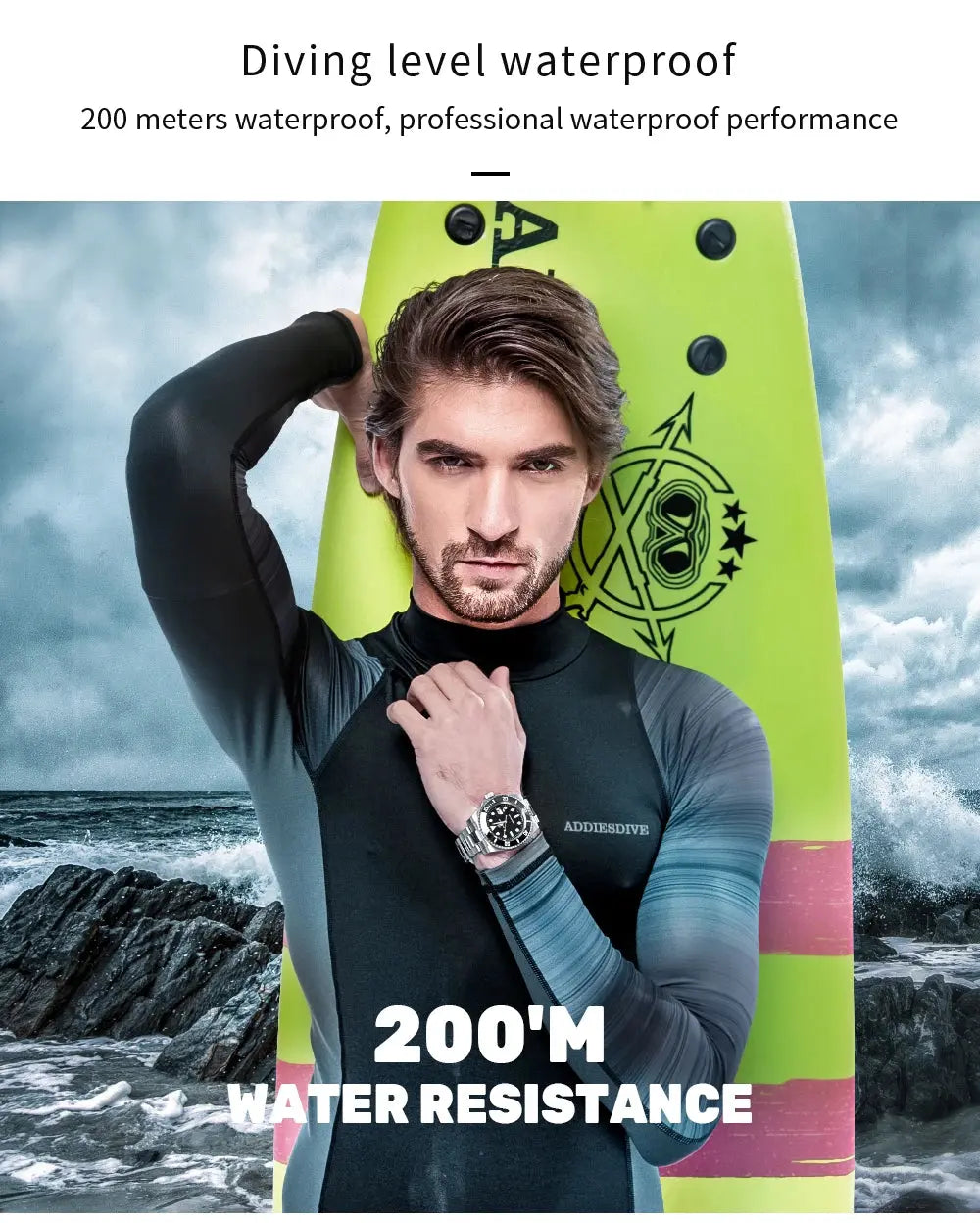 Addiesdive 20 bar waterproof men's watch showcased on diver with 200 meters water resistance for aquatic activities