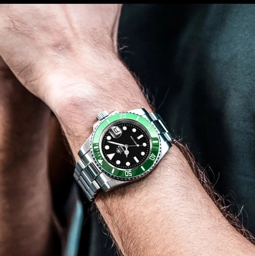 Addiesdive 20 bar waterproof men's watch with green bezel and stainless steel strap on wrist