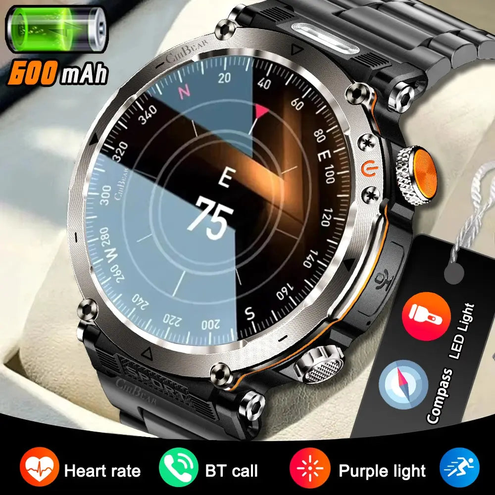 Adventure smartwatch for men featuring a sleek design, compass, and Bluetooth calling function