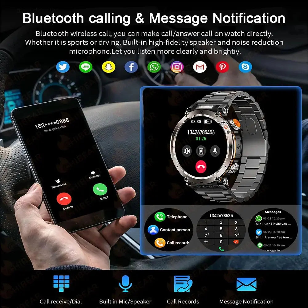 Adventure smartwatch for men with Bluetooth calling and message notification features