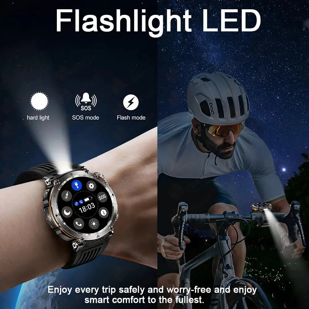 Adventure smartwatch for men with flashlight LED feature and SOS mode for outdoor activities