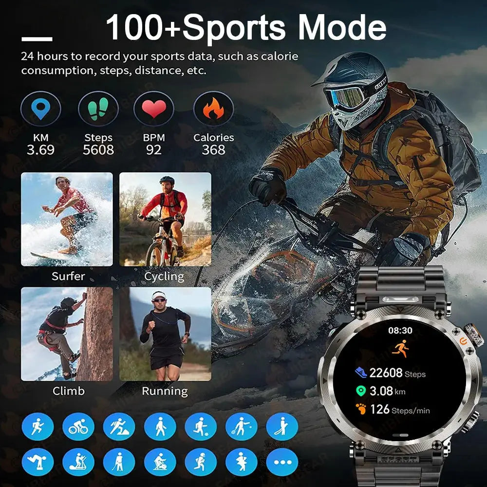 Adventure smartwatch for men with 100 sports modes and fitness tracking features for outdoor activities
