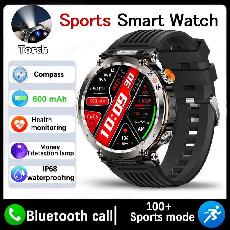 Adventure smartwatch for men with health monitoring, compass, and IP68 waterproof features