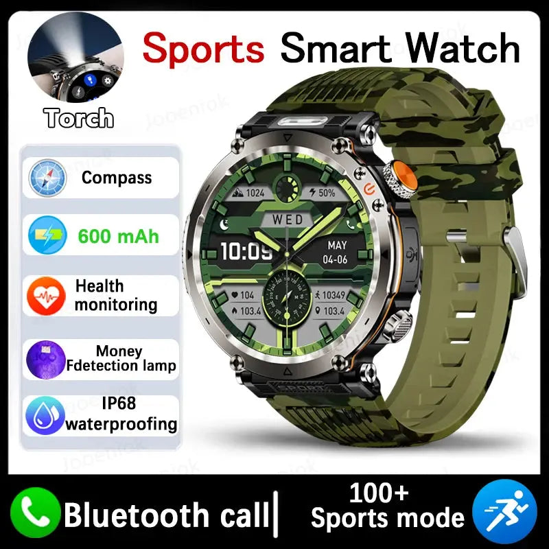 Adventure smartwatch for men featuring health monitoring, waterproof design, and Bluetooth connectivity