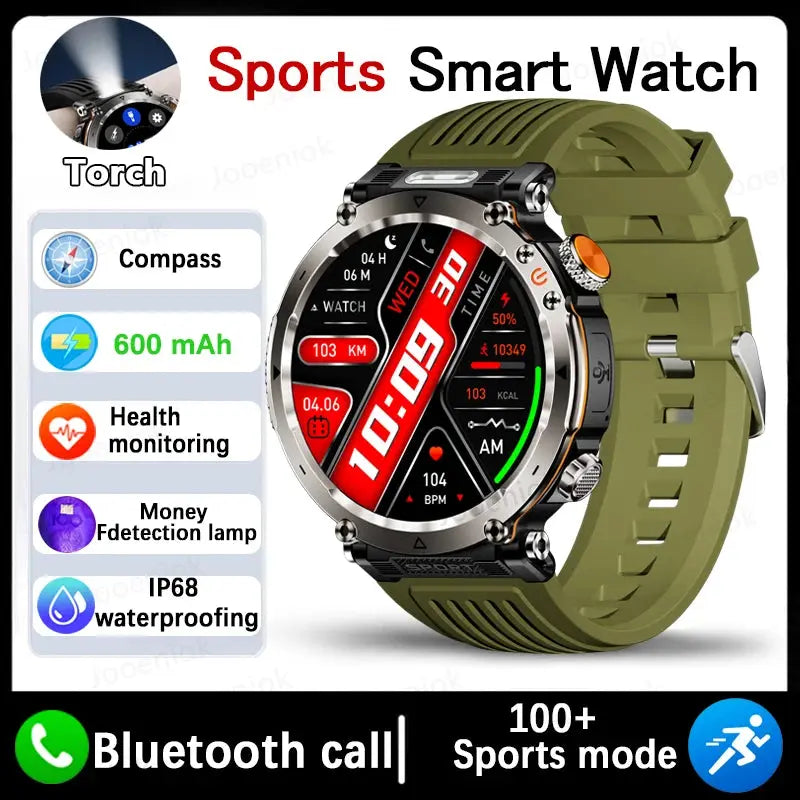 Men's adventure smartwatch for men with health monitoring, Bluetooth call, and IP68 waterproof rating