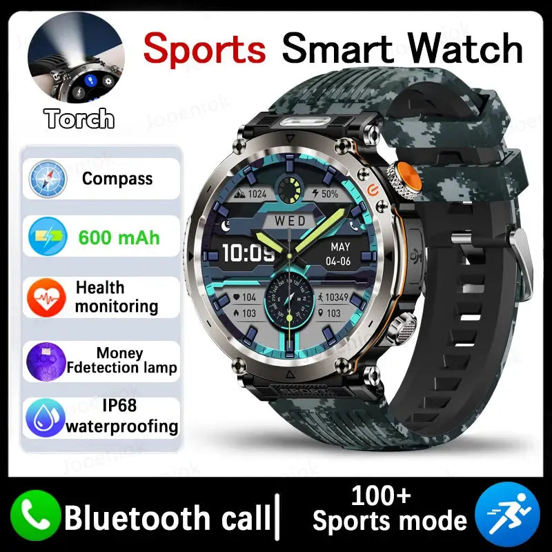 High-tech adventure smartwatch for men with health monitoring and IP68 waterproofing features