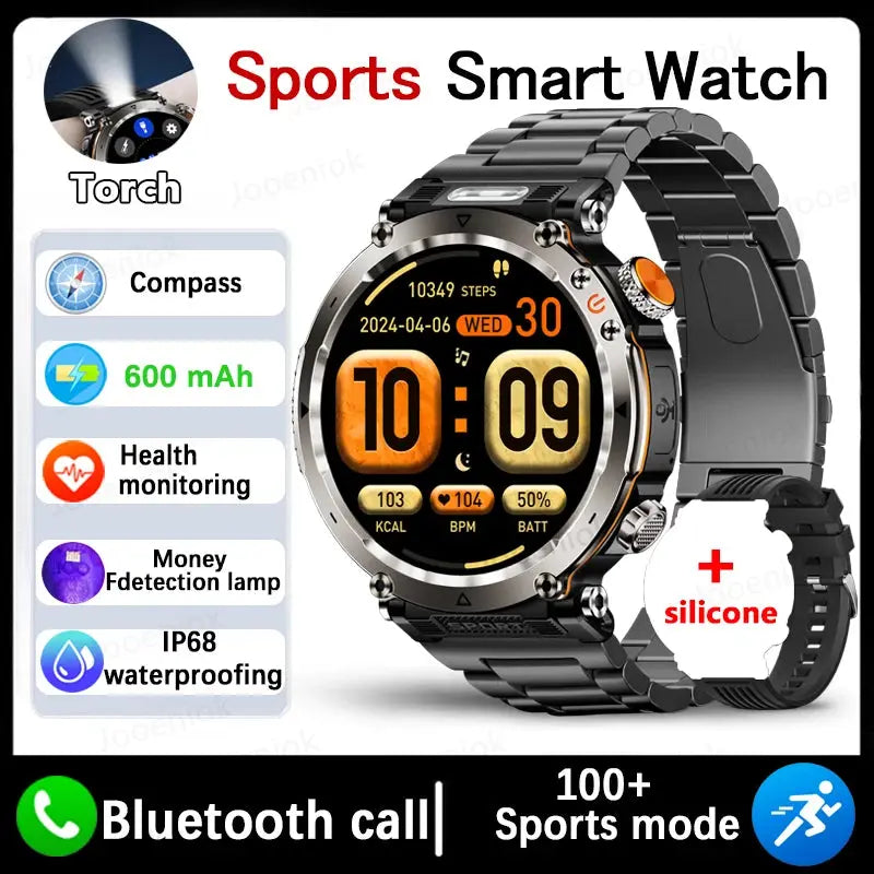Adventure smartwatch for men with health monitoring, compass, and waterproof features