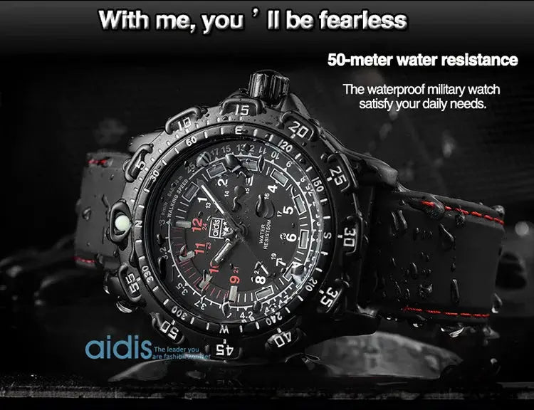 Alcom Distribution tactical luminous army watch rugged black water resistant dial with red stitch strap