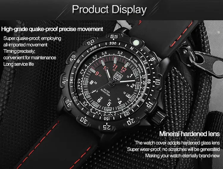 Alcom Distribution tactical luminous army watch black rugged case mineral hardened lens rubber strap closeup