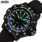 Alcom Distribution tactical luminous army watch black rugged bezel green and blue glowing markers silicone strap