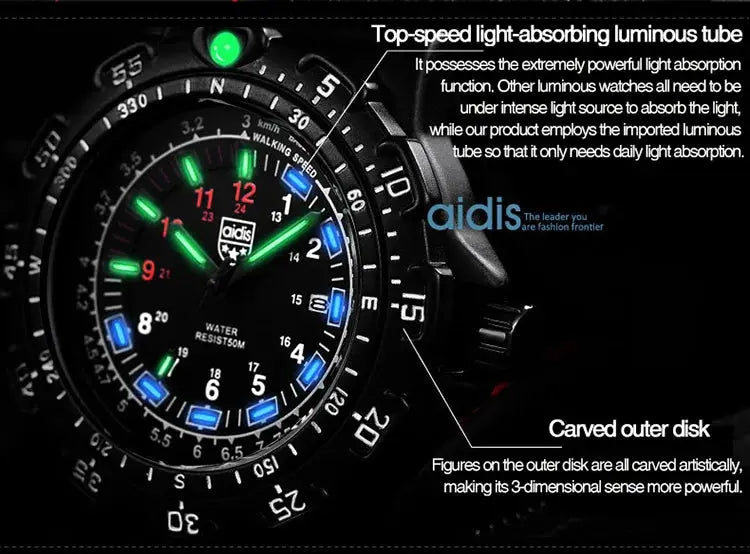 Alcom Distribution tactical luminous army watch black rugged field watch with green and blue glowing markers