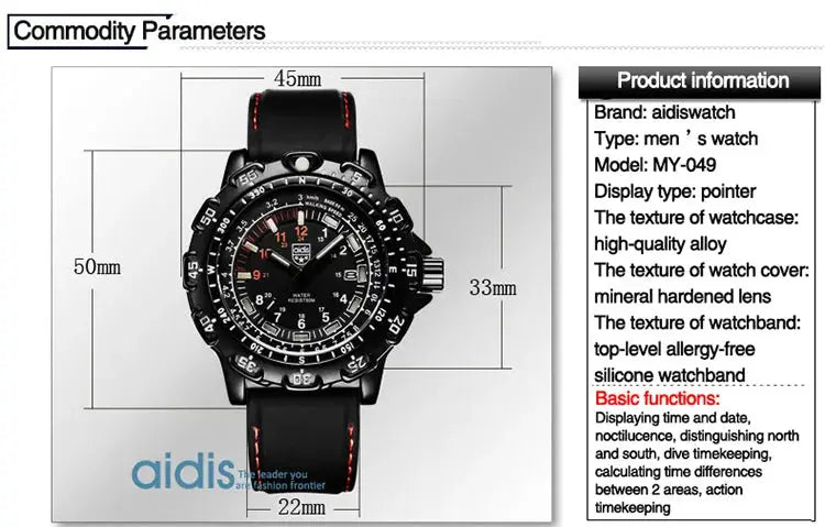 Alcom Distribution tactical luminous army watch black analog with rotating bezel and red stitched silicone strap