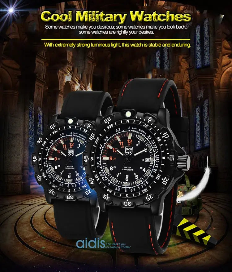 Alcom Distribution tactical luminous army watch pair black rubber straps dual luminous dials with red stitching