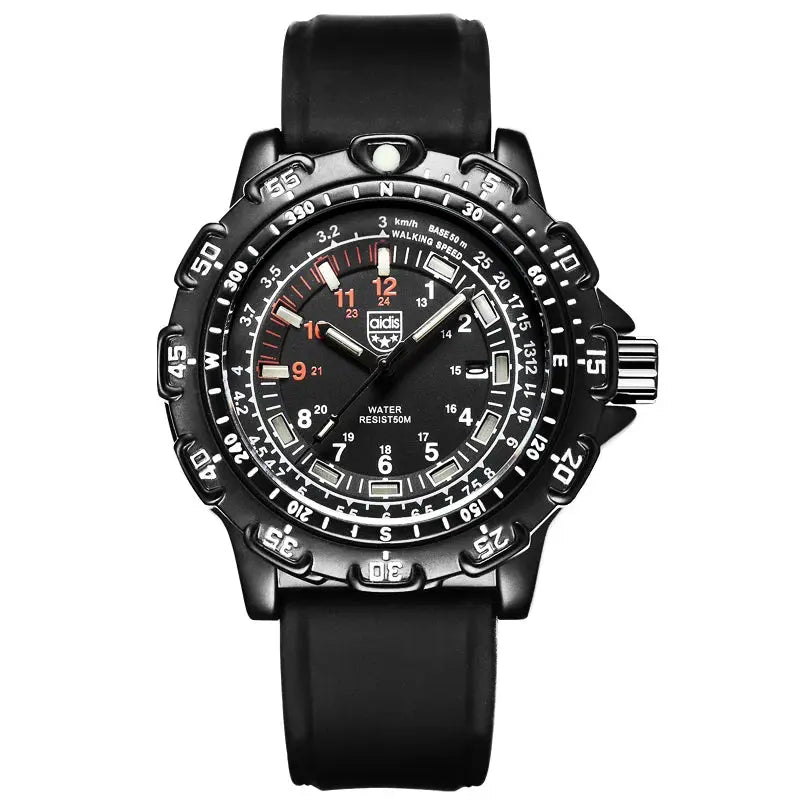Alcom Distribution tactical luminous army watch black stainless case compass bezel luminous markers rubber strap water resistant
