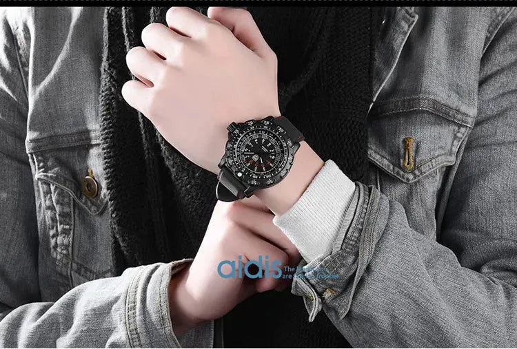 Alcom Distribution tactical luminous army watch black rugged wristwatch worn on model wearing denim jacket